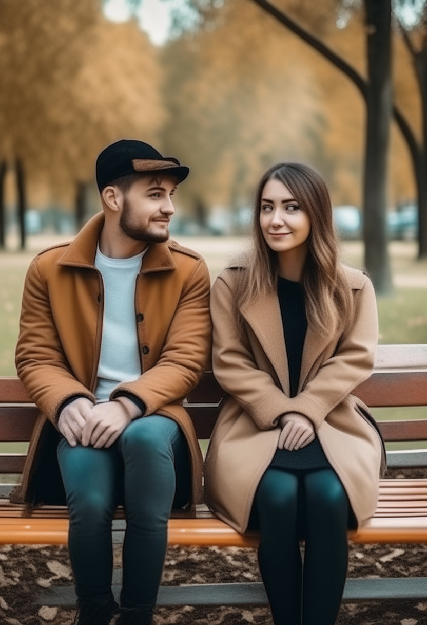 A beautiful woman and handsome man sitting in the bench in the park 