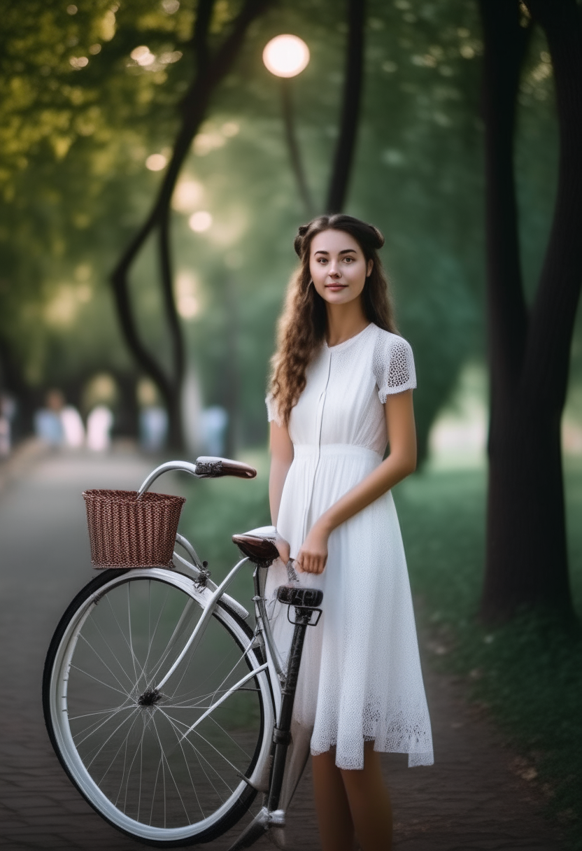 A cute girl in white dress standing near to her bicycle in the park 