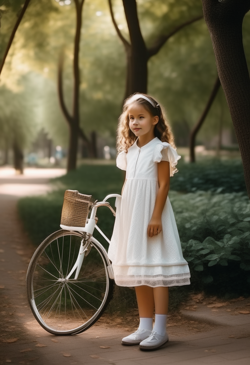 A cute 5 years girl in white dress standing near to her bicycle in the park 