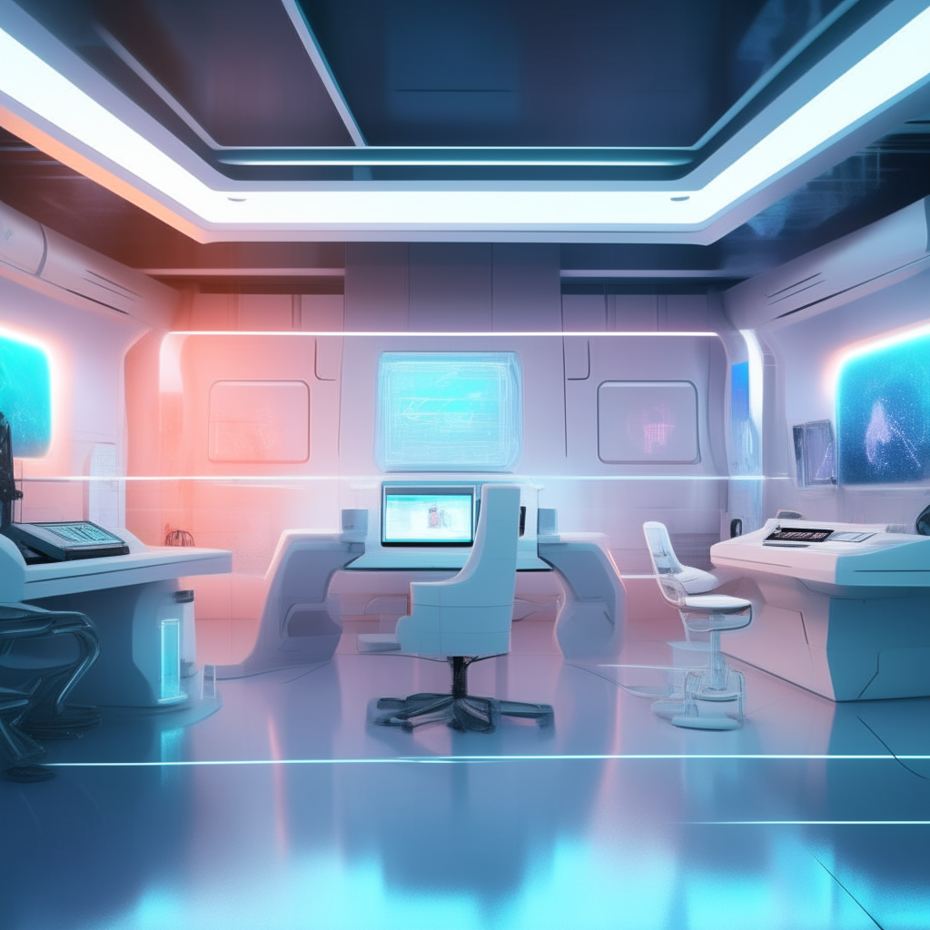 a futuristic music studio with glowing control panels, holographic displays, and sleek white furniture, digital painting, square, high resolution