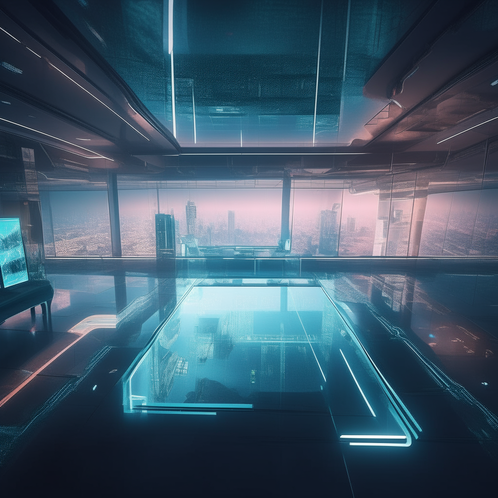 a futuristic underground music studio with a glass floor overlooking a cyberpunk city, square, high resolution