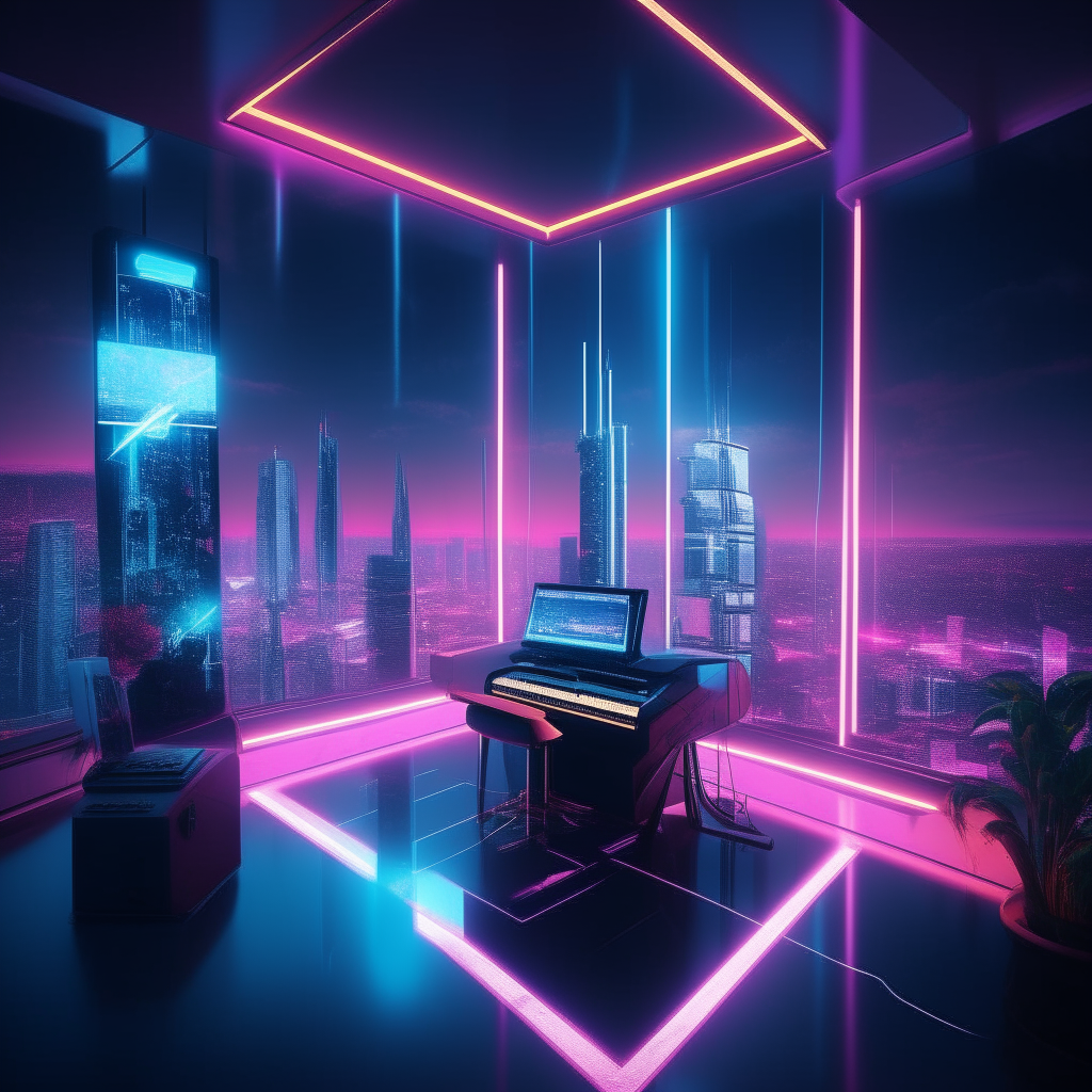 a futuristic music studio in a tower overlooking a glowing neon cityscape, square, high resolution