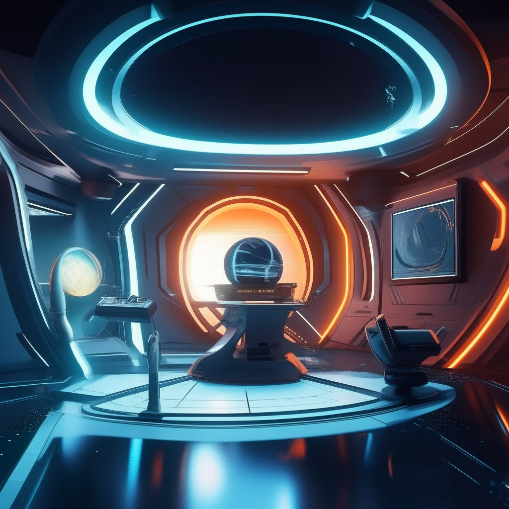 a bright futuristic music studio on a spaceship orbiting Saturn, square, high resolution