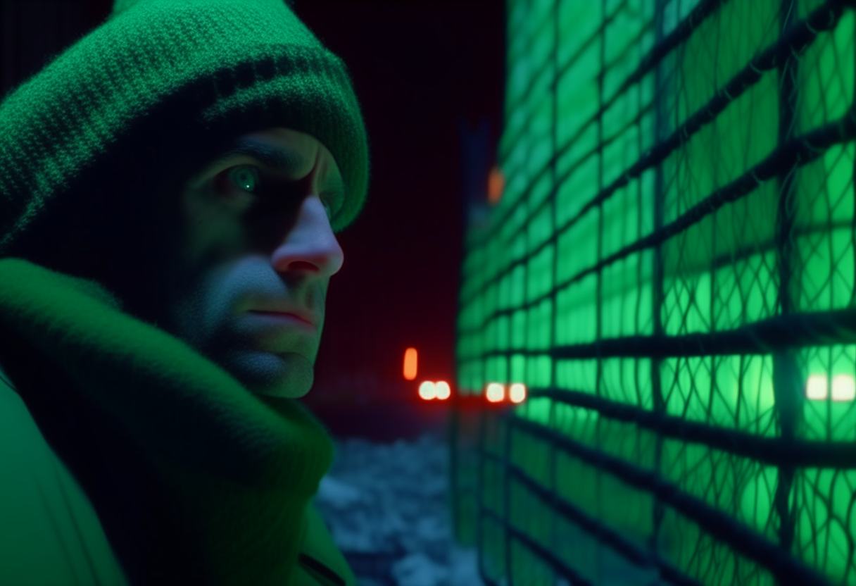 A man made of woolen threads, cinematic frame, lower middle angle, the rule of thirds is observed, a man looks around and his eyes pulsate with green light, modern urbanism in Russia in 1986, surrealism in the background