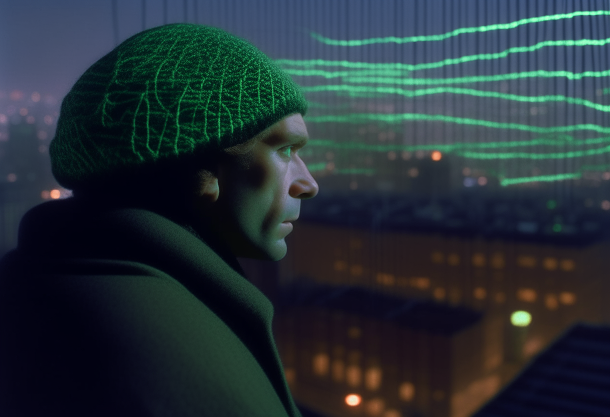 A man made of woolen threads, in a cinematic frame at a lower middle angle, observing the rule of thirds. The man looks around and his eyes pulse with green light, set against the backdrop of modern urbanism in Russia in 1986, with surrealism in the background.