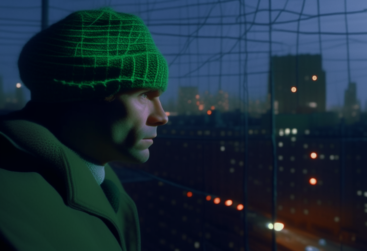 A man made of woolen threads, in a cinematic frame at a lower middle angle, observing the rule of thirds. The man looks around and his eyes pulse with green light, set against the backdrop of modern urbanism in Russia in 1986, with surrealism in the background.