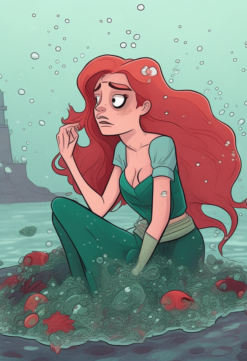 Ariel is injured due to pollution of the sea