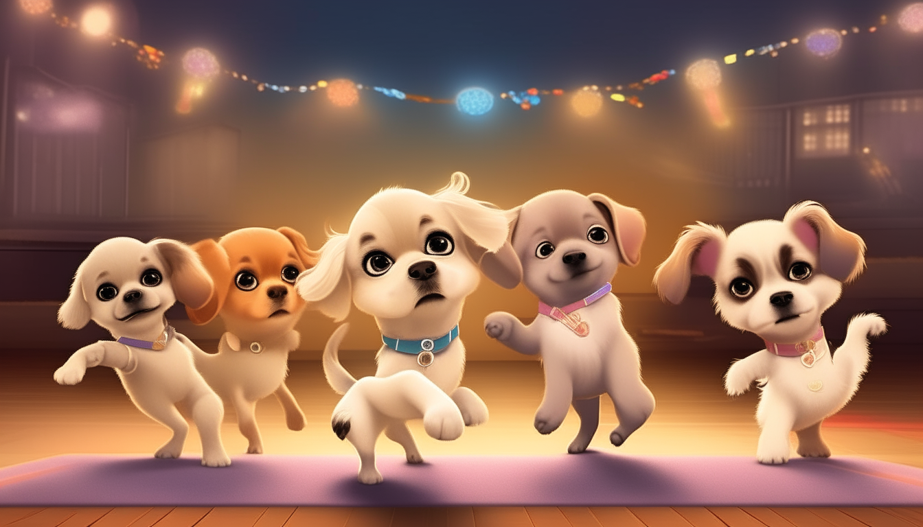 Puppy dance contest, cute puppies competing in a dance competition on a stage, digital art