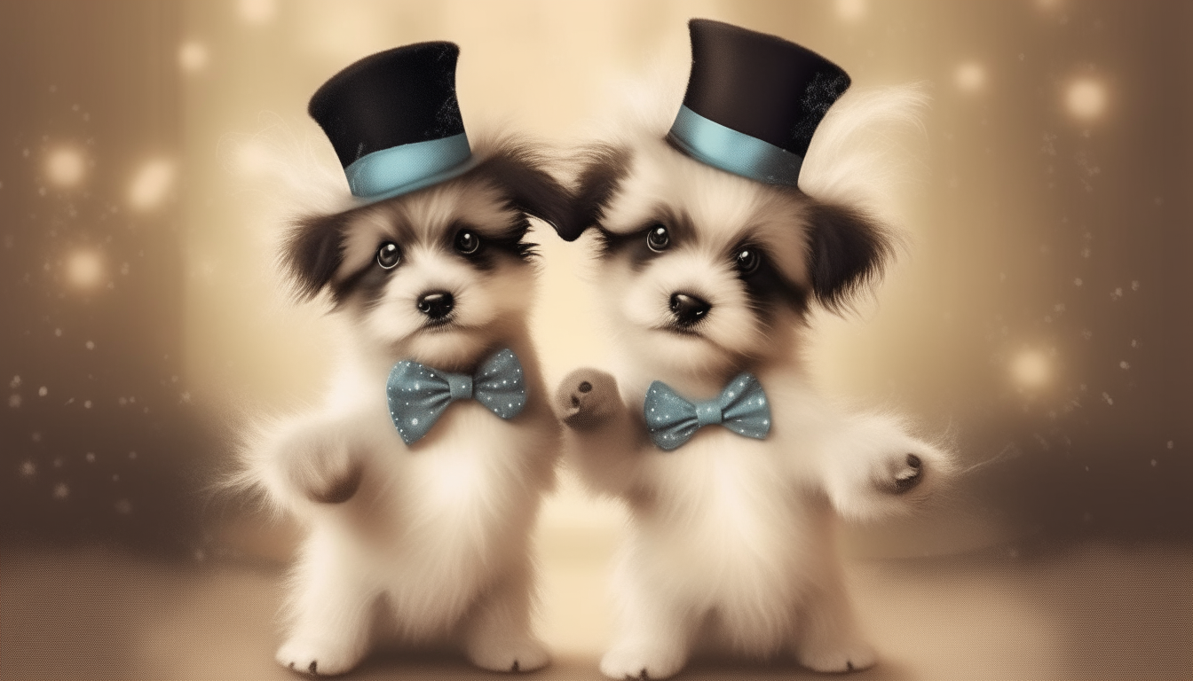 Puppy dance contest, fluffy puppies dancing together wearing top hats and bow ties, digital art