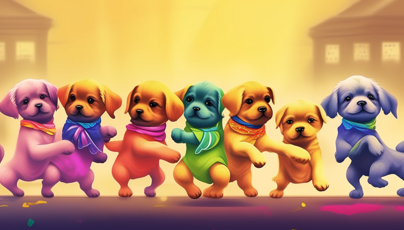 Puppy dance contest, puppies dancing in a line wearing colorful costumes, digital art