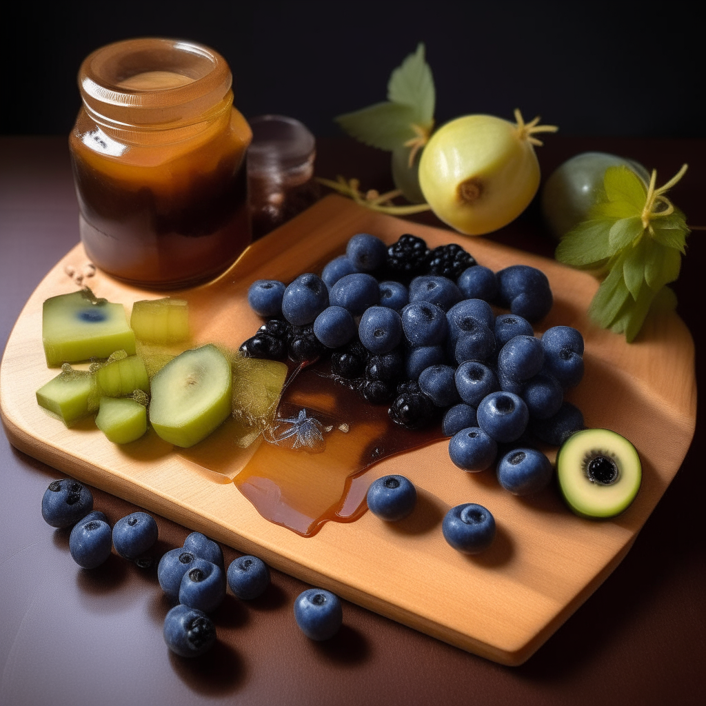A collection of raw honey, wild blueberries and celery arranged artfully on a wooden cutting board