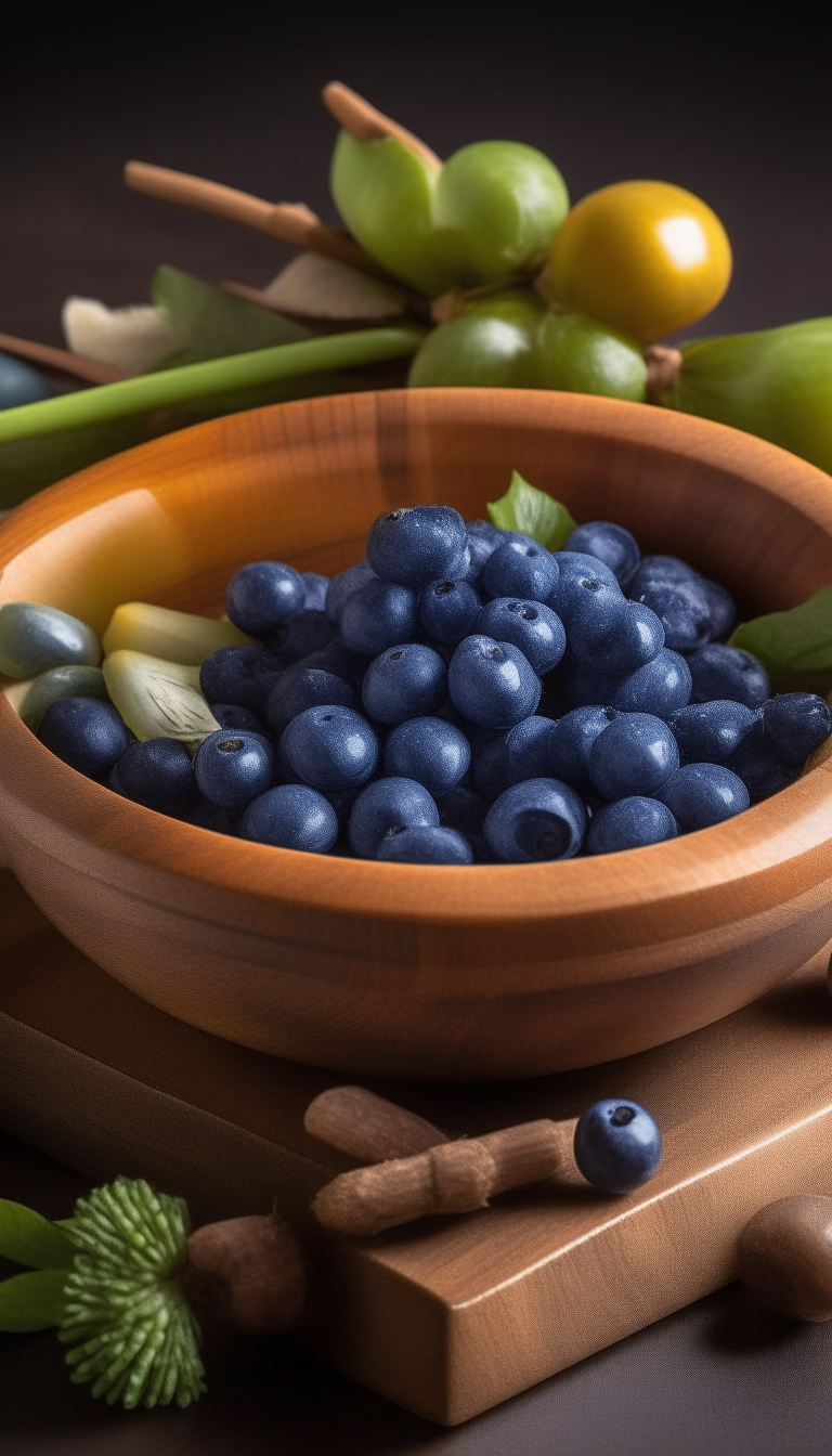 A collection of wild blueberries, raw honey and celery arranged in a wooden bowl