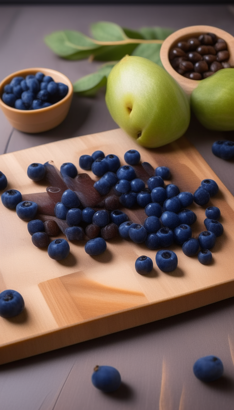 Wild blueberries, raw honey and celery slices arranged on a wooden cutting board