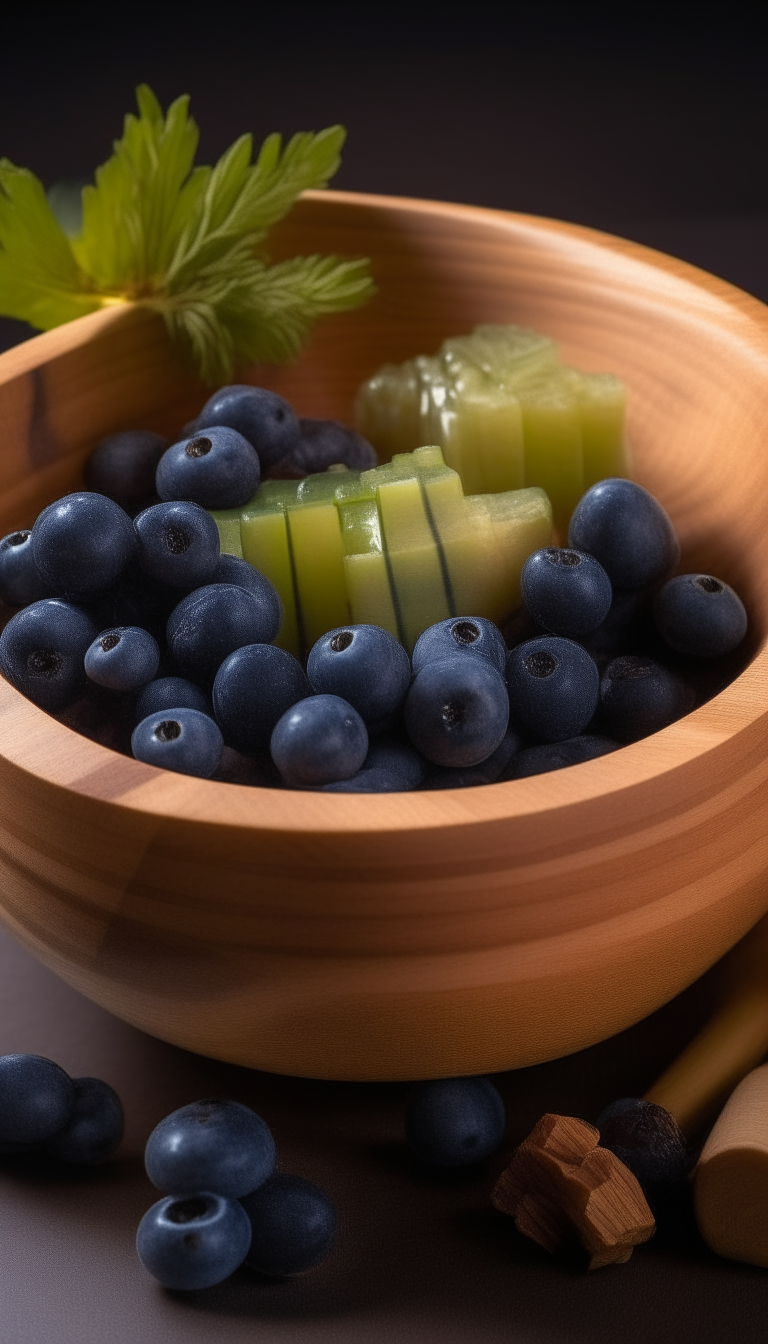 A collection of raw honey, wild blueberries and celery arranged in a wooden bowl