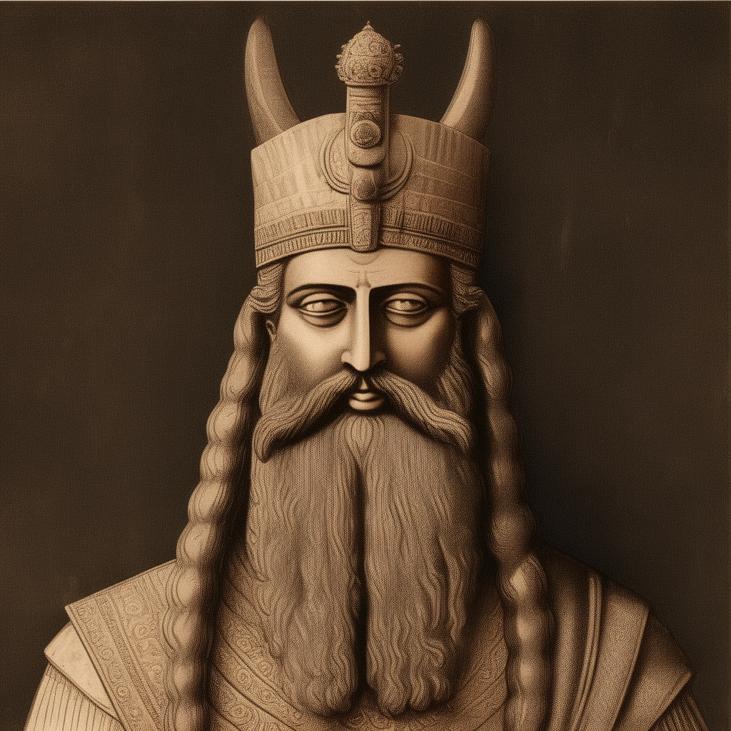 a portrait of Enki, the Sumerian god of wisdom and fresh water, depicted as a bearded man wearing a horned crown and robes