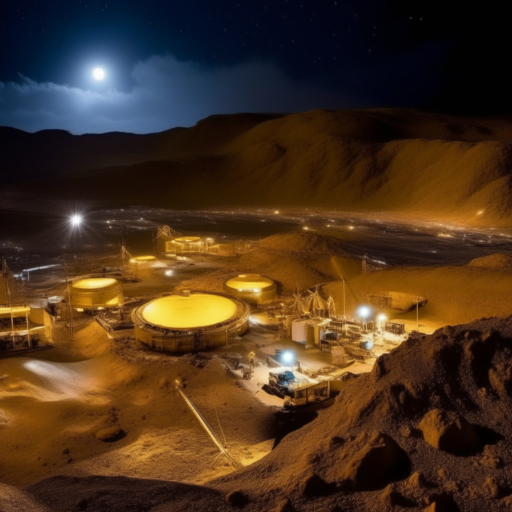 Alalu oversees vast gold mining operations on Earth under the light of two moons