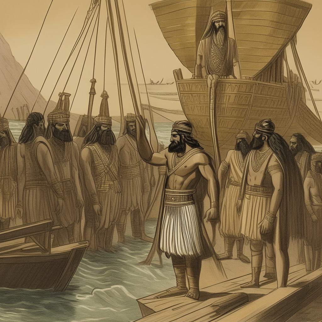 Prince Enki prepares his ship and gathers his crew, following King Anu's orders to journey to confront Alalu
