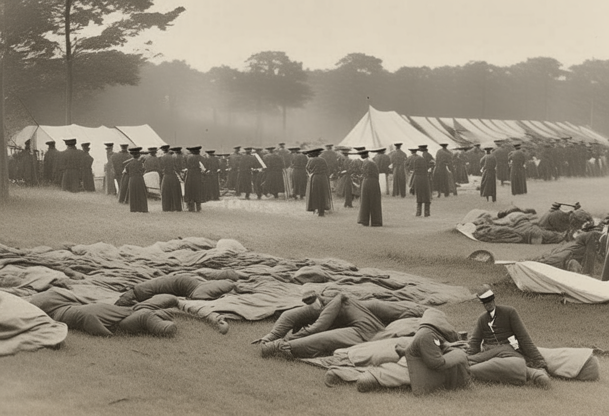 Battlefield hospital during the American Civil War, with rows of injured soldiers receiving medical treatment