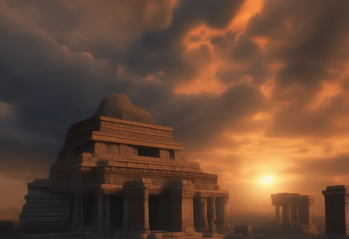 ancient Sumerian temples, clouds are moving, the sun is setting, the weather is slightly darkened, torches are burning in front of the temple