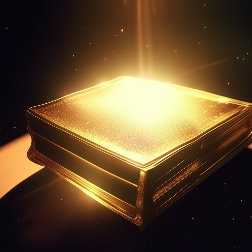 A golden illuminated Bible floating in space, illuminated by the light of the sun, 8K resolution