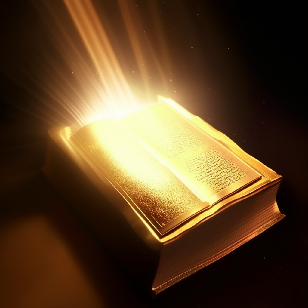 An open golden illuminated Bible floating in space, illuminated by the light of the sun, with visible text, 8K resolution