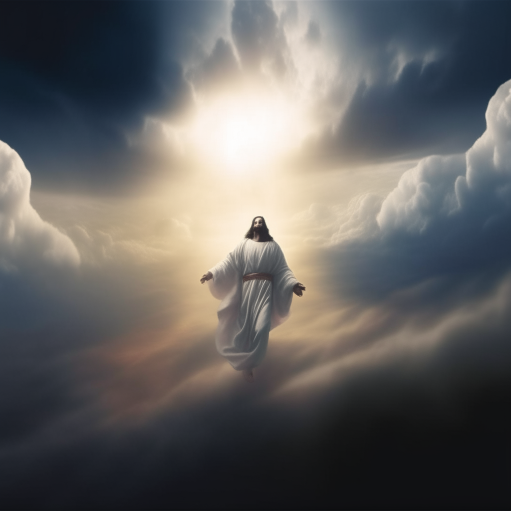 Jesus Christ returning to Earth, surrounded by radiant clouds, 8K resolution