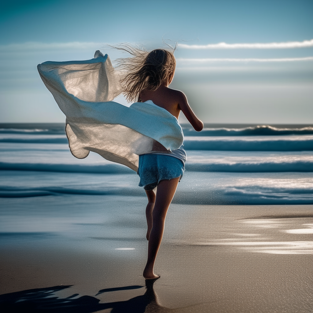 Carrying her towel and bag, the girl runs excitedly toward the ocean