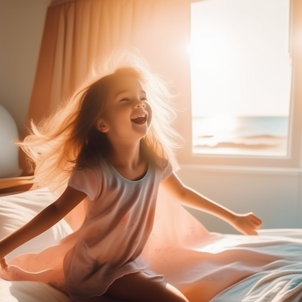 A sunny morning, a girl wakes up excited for the beach