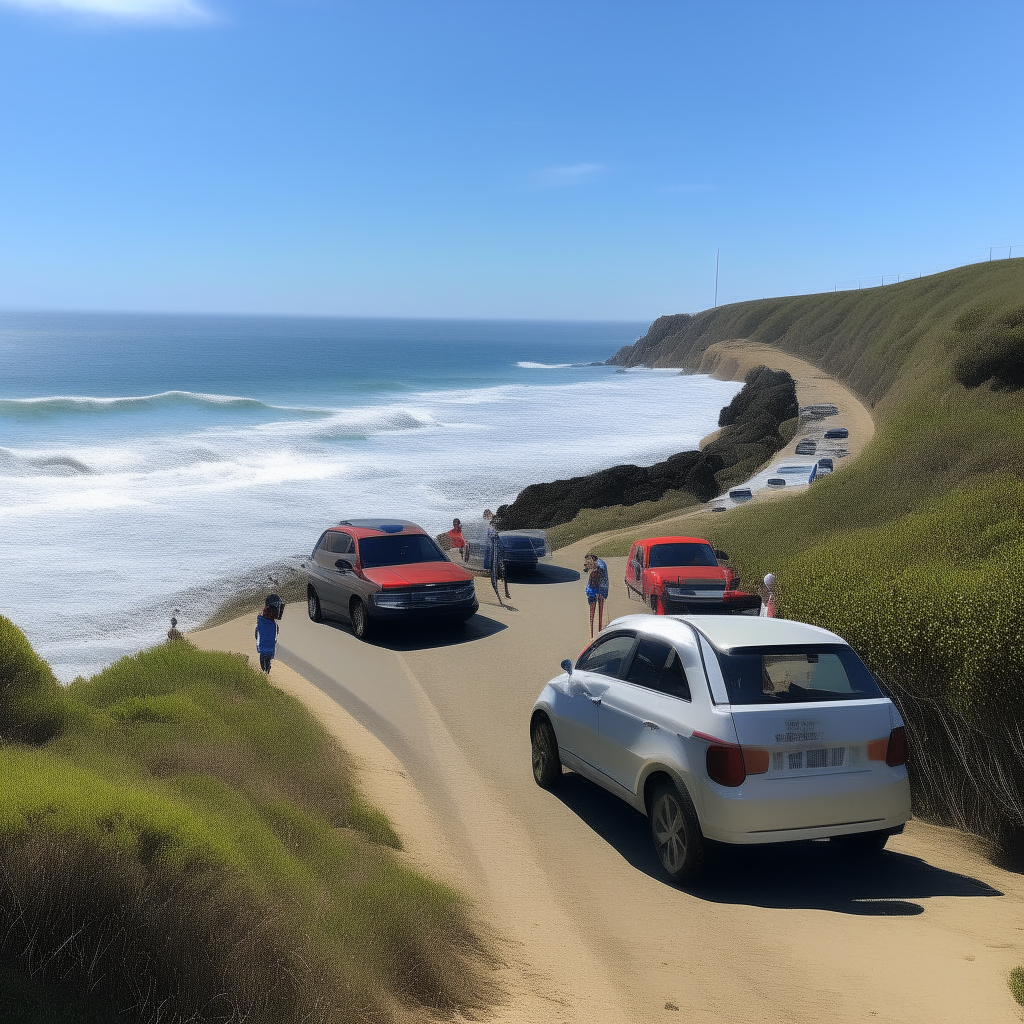 The family drives to the coast and parks near the beach entrance