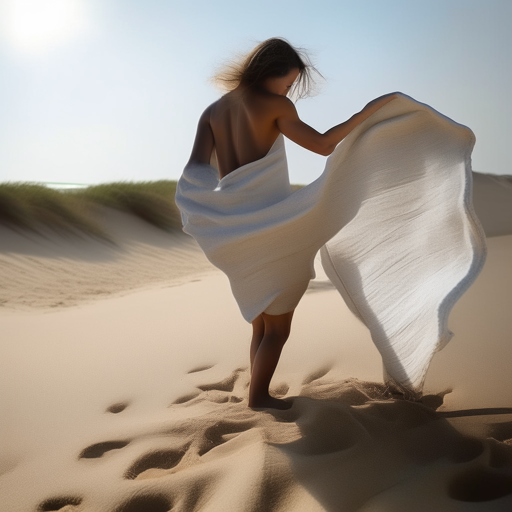 She lays out her towel in the warm sand and takes off her coverup