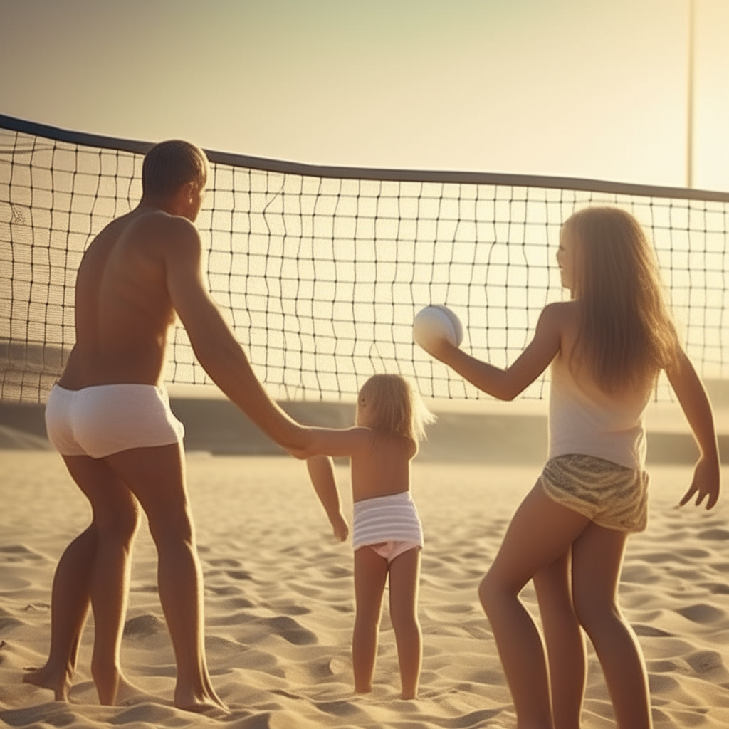 In the afternoon, the girl plays beach volleyball with her parents