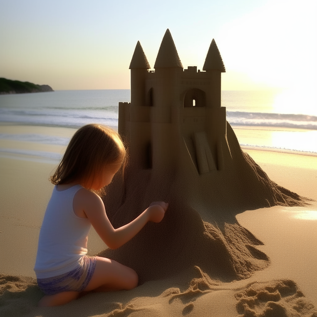 As the sun gets lower, she builds a sandcastle near the water