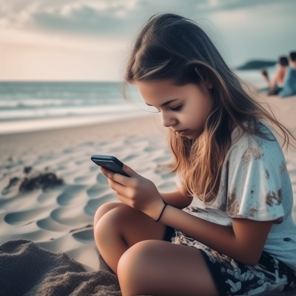 The next morning, the girl looks at photos from the beach on her phone