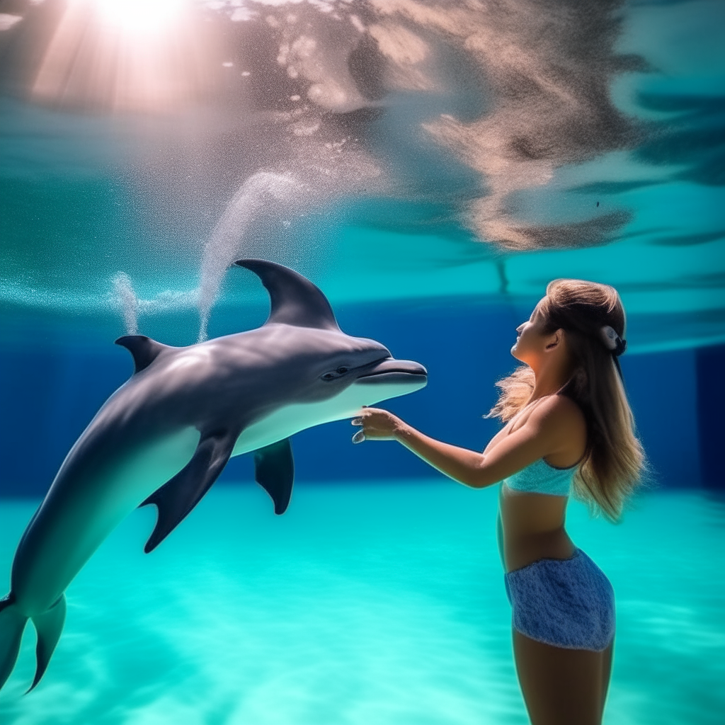 The girl sees a dolphin swimming nearby and waves to it