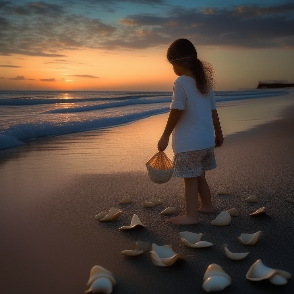 In the evening, she walks along the shore collecting seashells