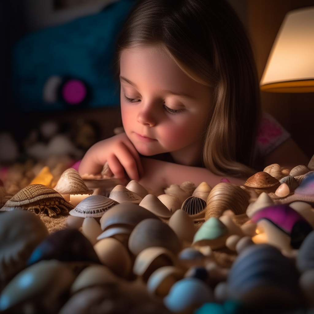 The girl looks through her shell collection before bed
