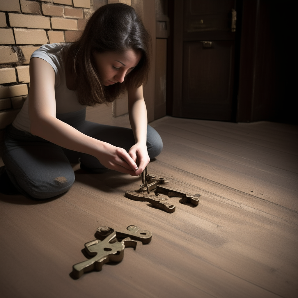 Searching rooms, she finds a set of keys under a floorboard