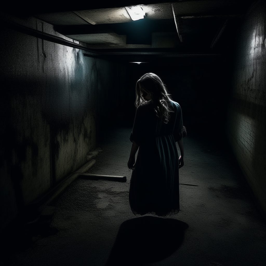 She sees movement deeper in the dark basement