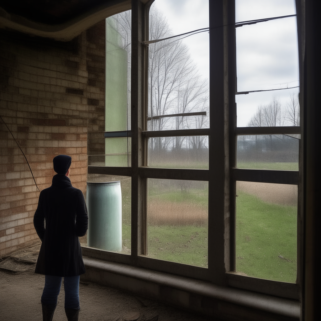 The woman sees an old silo structure through basement windows