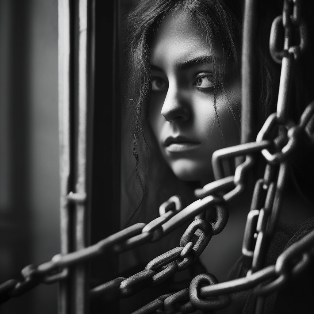 Peering inside, they see a woman chained up