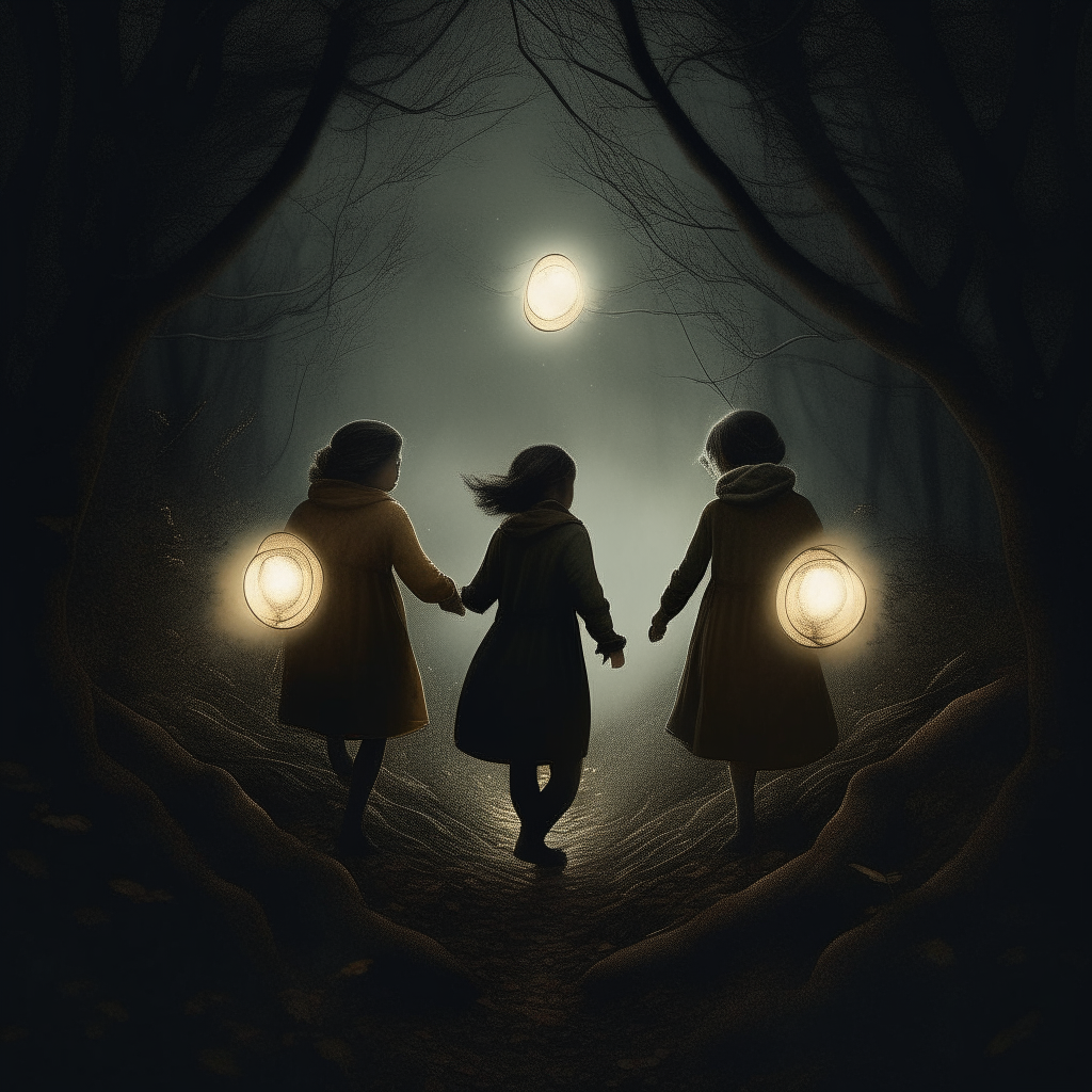 The three escape into the night, but hear voices behind them