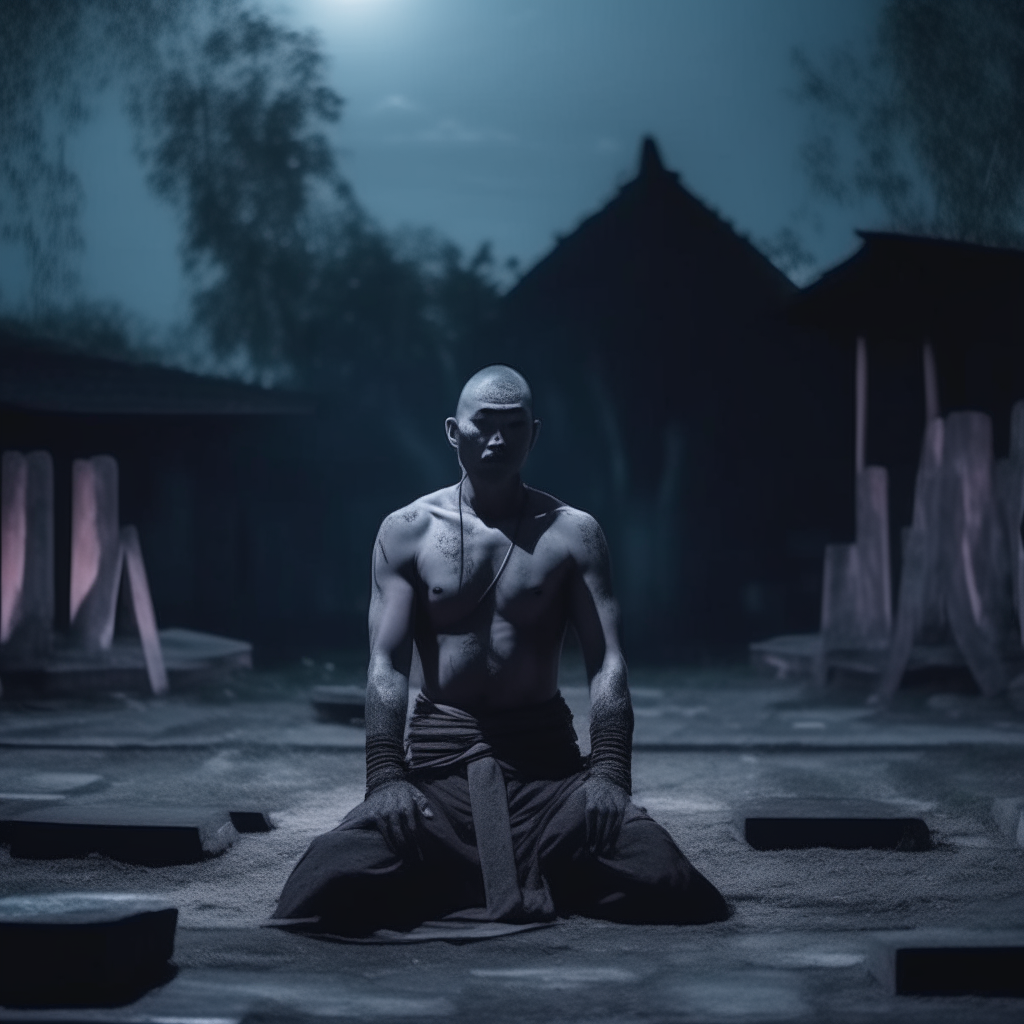 Thai warriors are headless, but have a muscular body.  Headless Thai soldiers meditate in an abandoned Thai cemetery at night in an atmosphere of loneliness and loneliness. Kindness, low light, realistic picture.