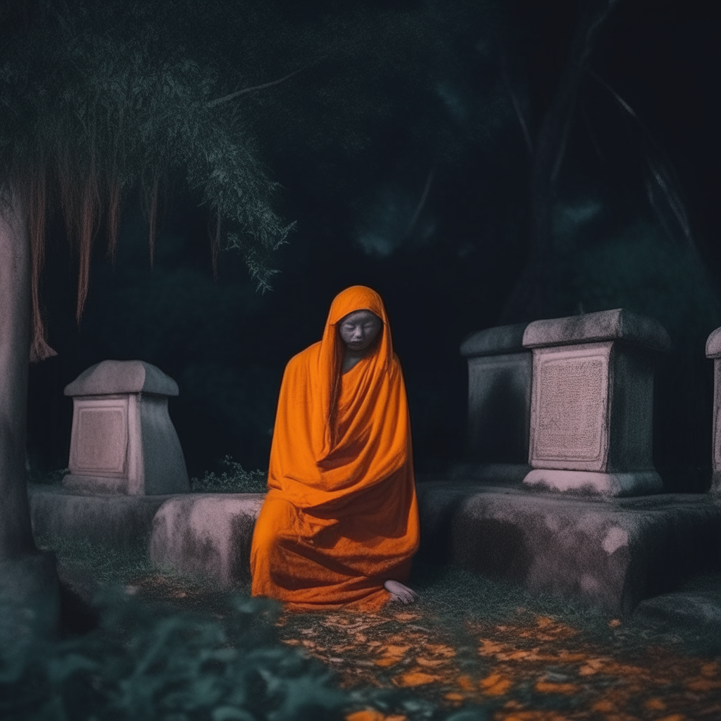 Headless Thai hermit covered with saffron cloth  A headless Thai hermit meditates in an abandoned Thai cemetery at night in an atmosphere of loneliness and loneliness.

 This is an English story about a headless Thai hermit meditating in an abandoned Thai cemetery at night in an atmosphere of loneliness and loneliness.