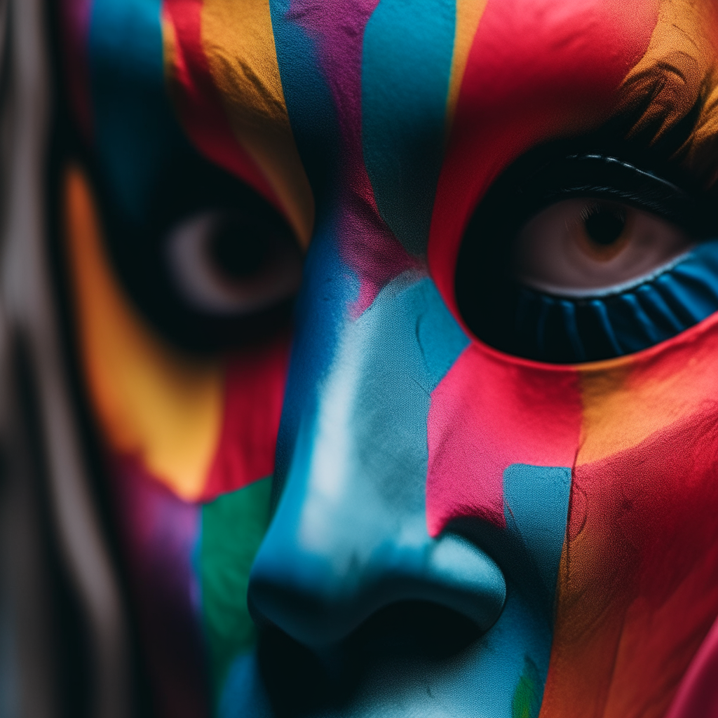 A close-up of eyes peering out from behind a colorful mask, representing the struggle to show one's true self to the world