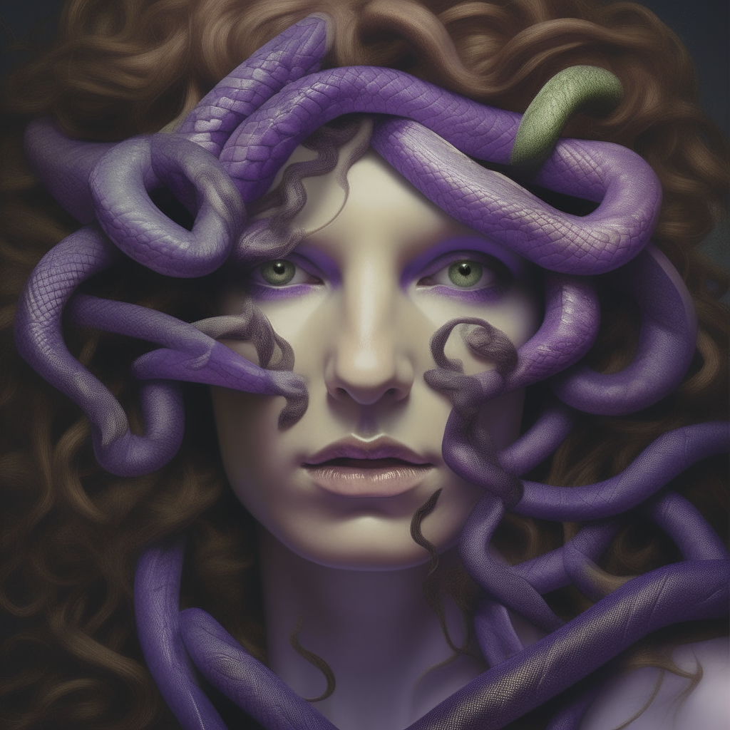 a photorealistic portrait of Medusa's face, her skin is purple and her snake hair is detailed