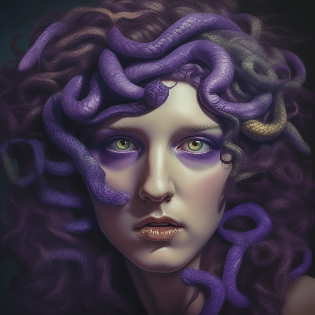 a photorealistic portrait of just Medusa's purple face, her snake hair is detailed. Her eyes are white to show she is petrifying someone with her gaze.