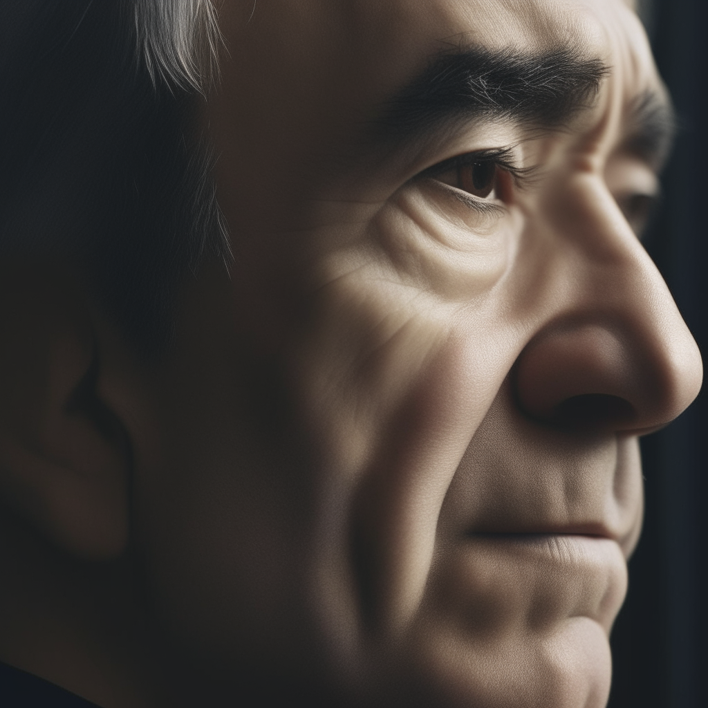 A close-up portrait of a man with a thoughtful expression, facing slightly left