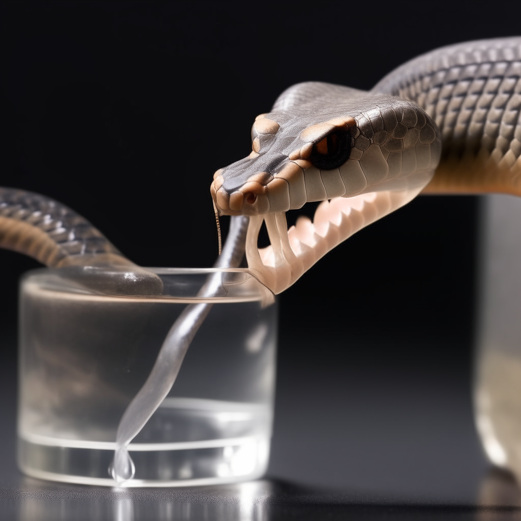 A cobra pouring venom from its fangs into a small glass vial