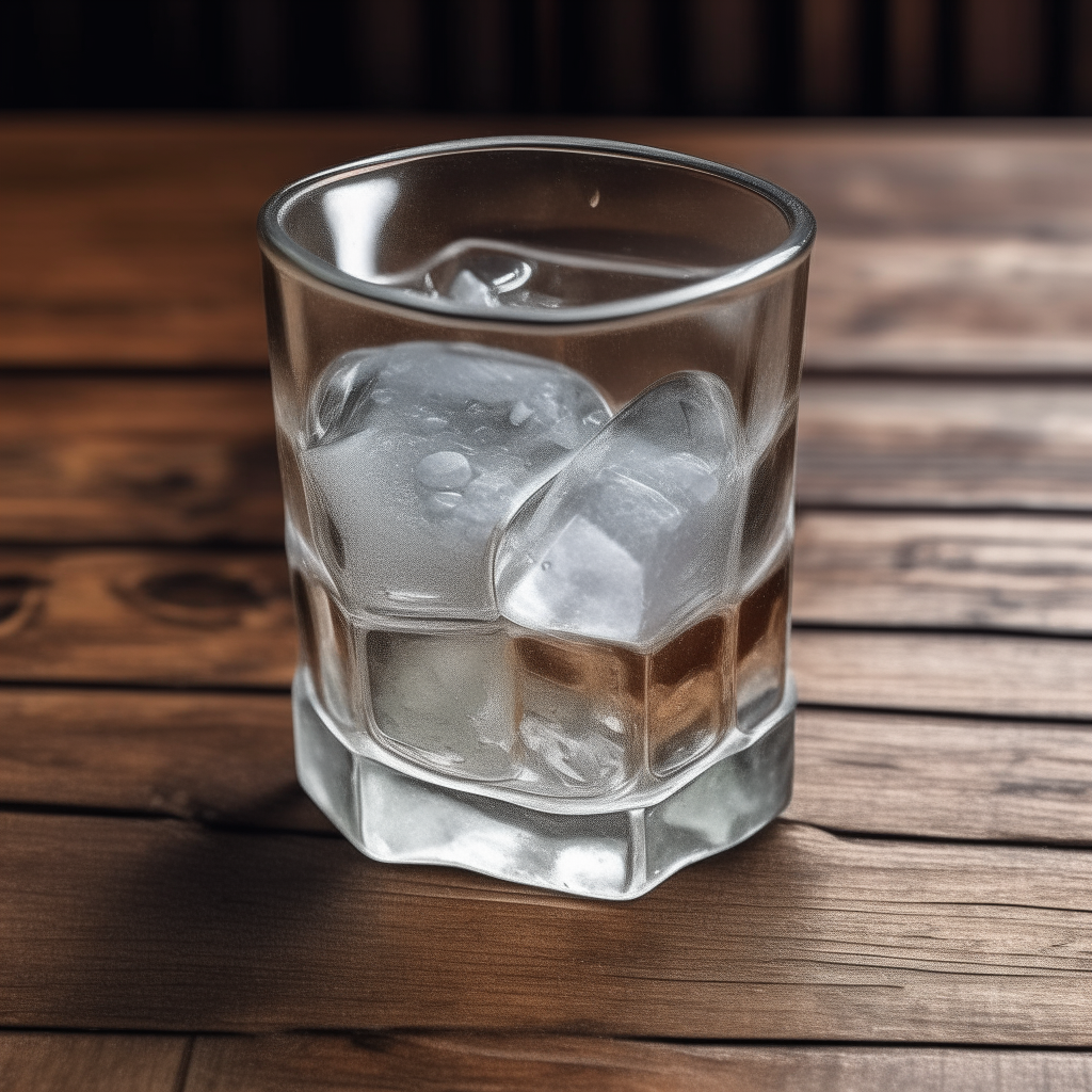 A glass filled with ice cubes on a wooden surface