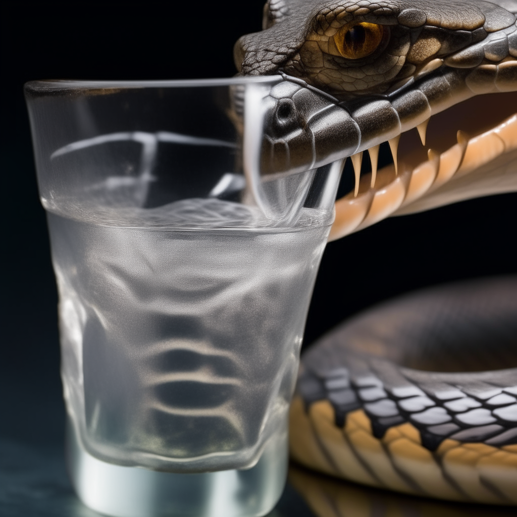 A close-up of a cobra's head pouring venom into a glass of ice